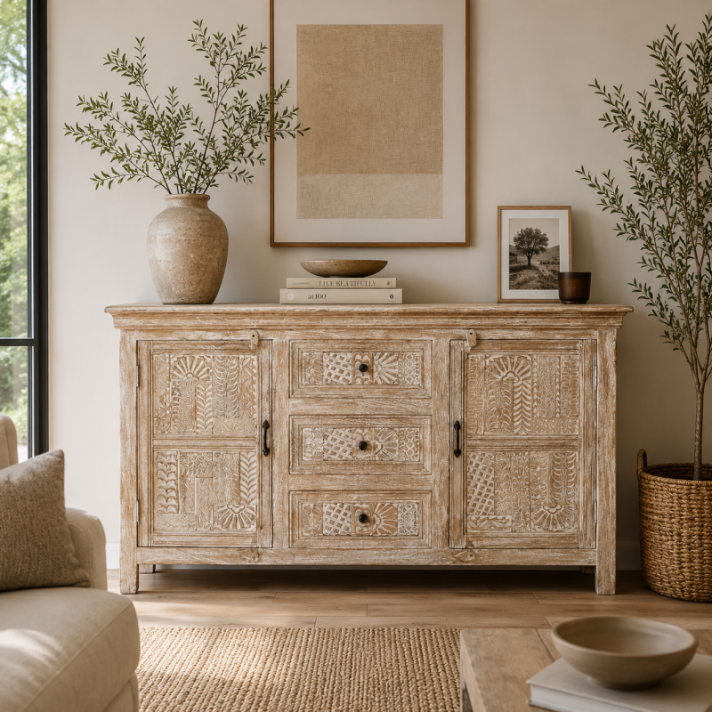 Whitewashed Carved Wood Sideboard