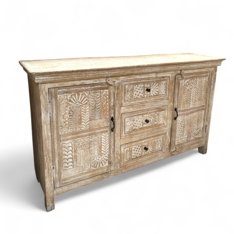 Whitewashed Carved Wood Sideboard