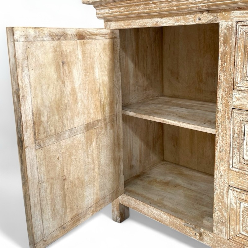 Whitewashed Carved Wood Sideboard