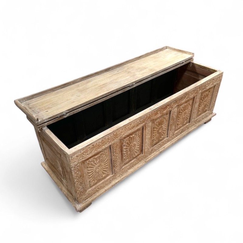 Hand-Carved Wooden Chest with Floral Medallions