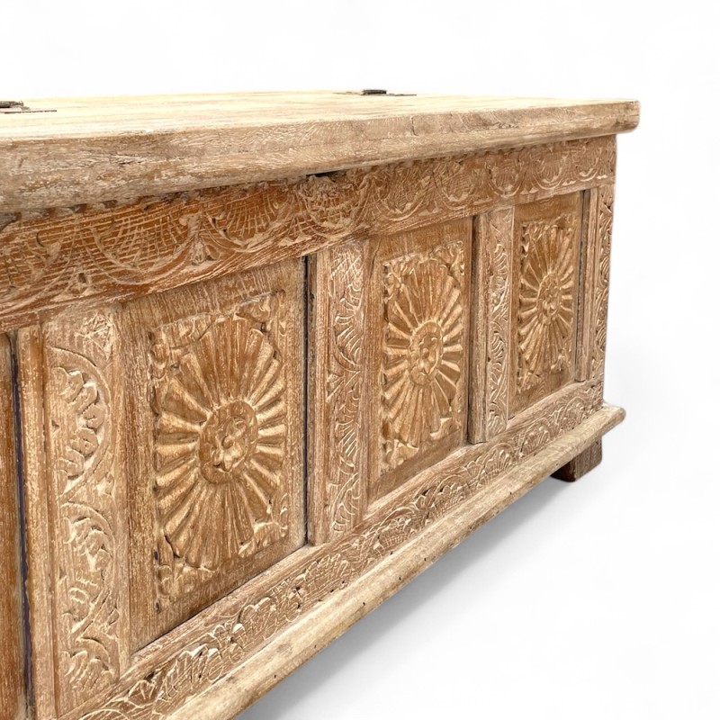 Hand-Carved Wooden Chest with Floral Medallions