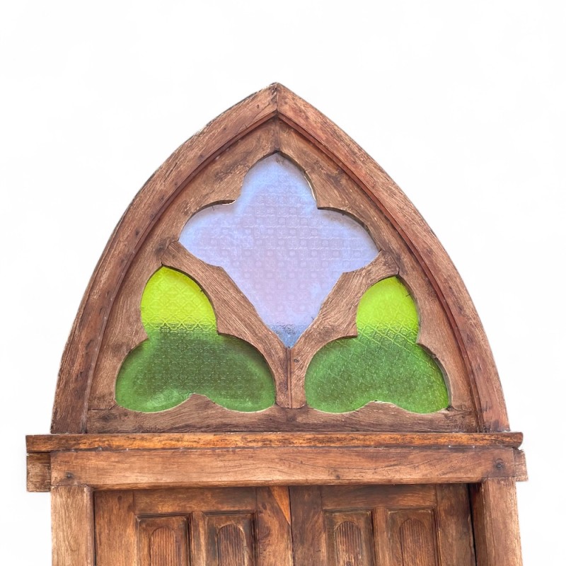 Arched Teak Door with Stained Glass Panel