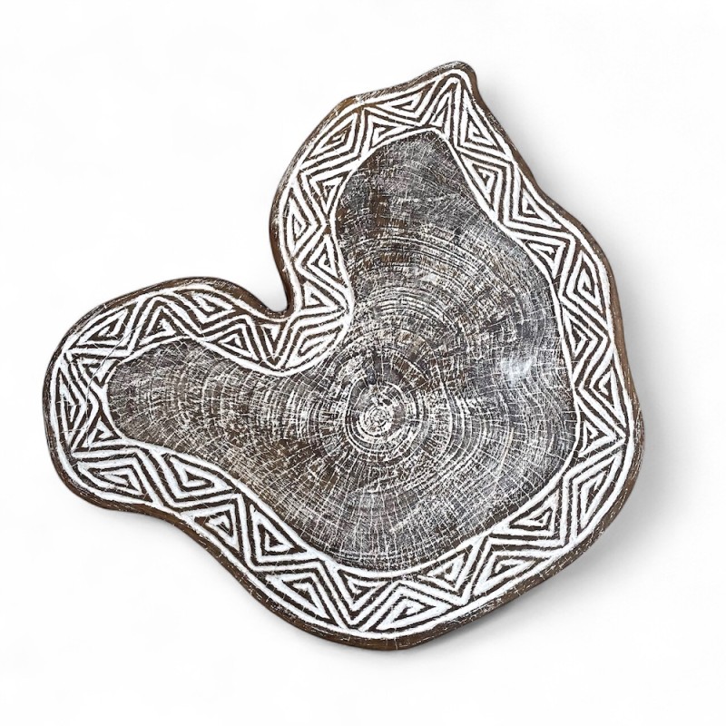 Hand-Carved Organic Wood Stool with Tribal Motif