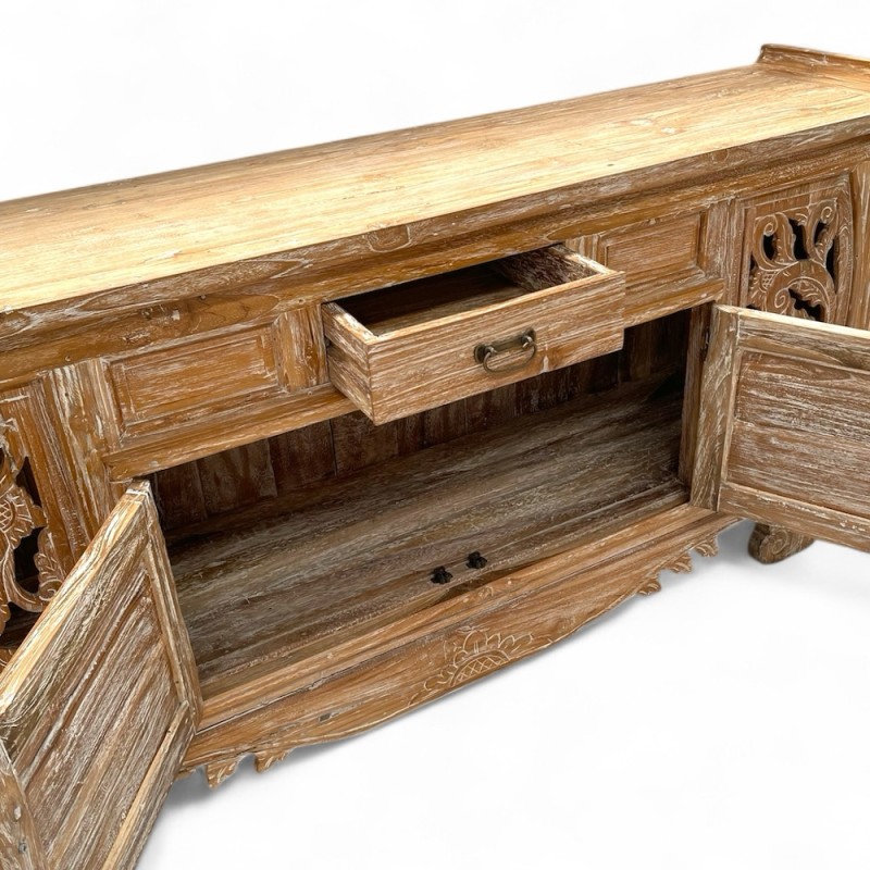 Hand-Carved Teak Sideboard with Floral Panels