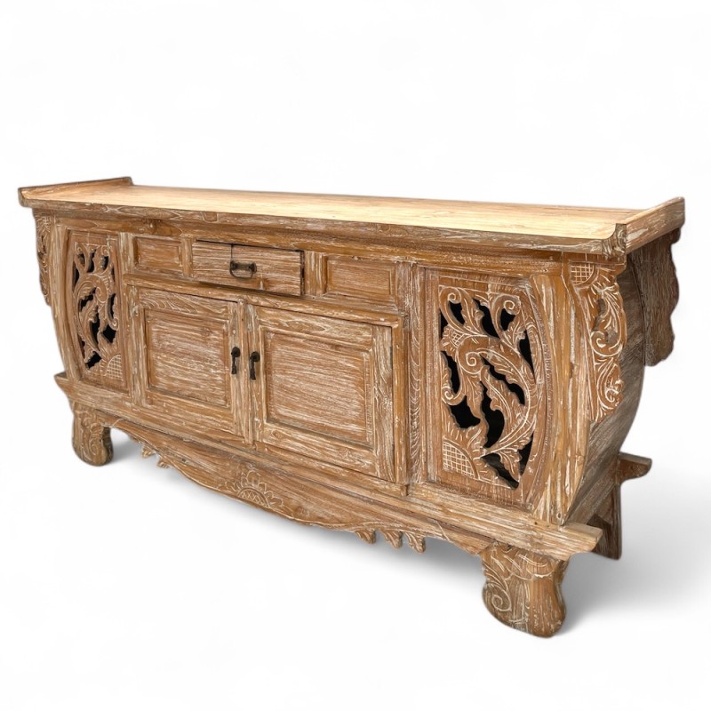 Hand-Carved Teak Sideboard with Floral Panels