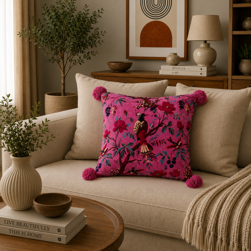 Velvet Cushion with Bird & Floral Design