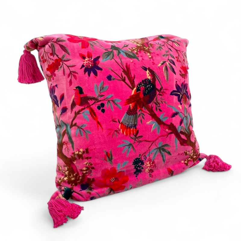 Pink Velvet Cushion Cover with Bird & Floral Design