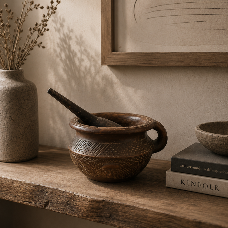 Carved African Wooden Mortar with Pestle