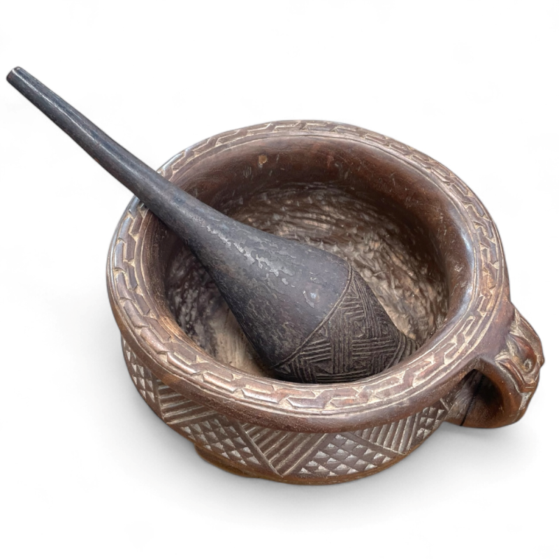 Carved African Wooden Mortar with Pestle