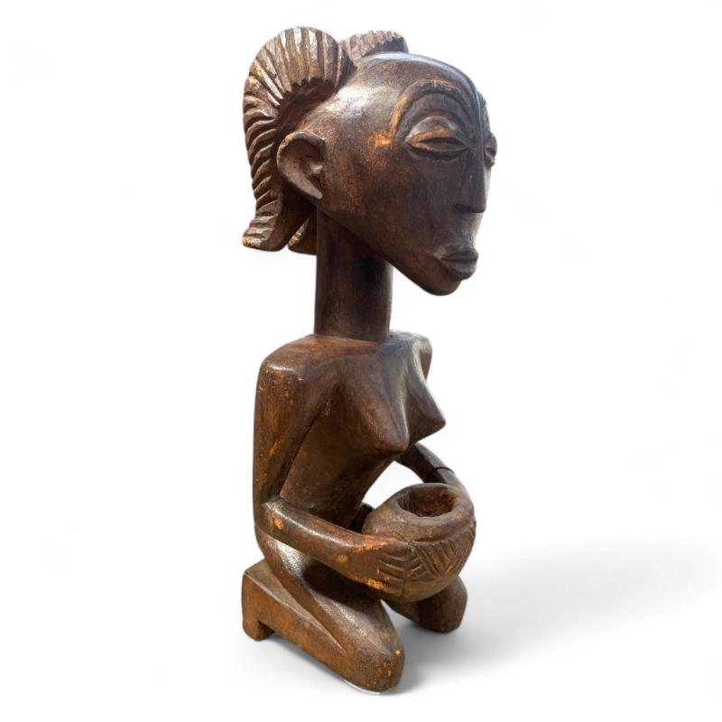 Hand-Carved Kneeling Female Figurine Holding Bowl