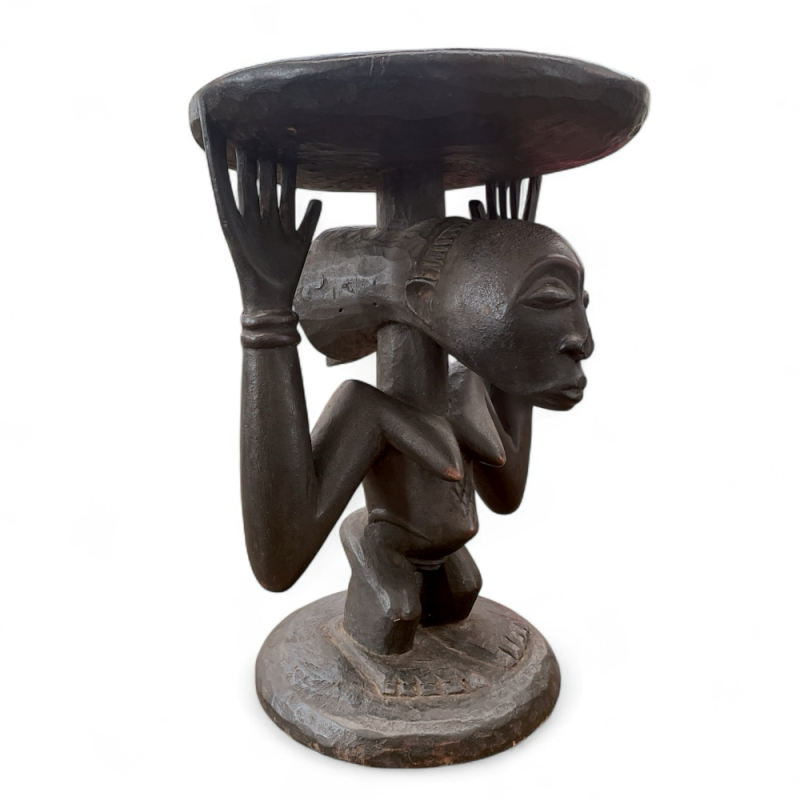Hand-Carved African Stool with Female Figure