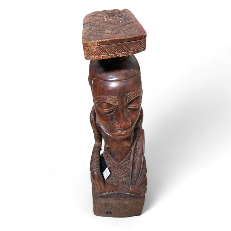 Hand-Carved African Headrest with Seated Female Figure