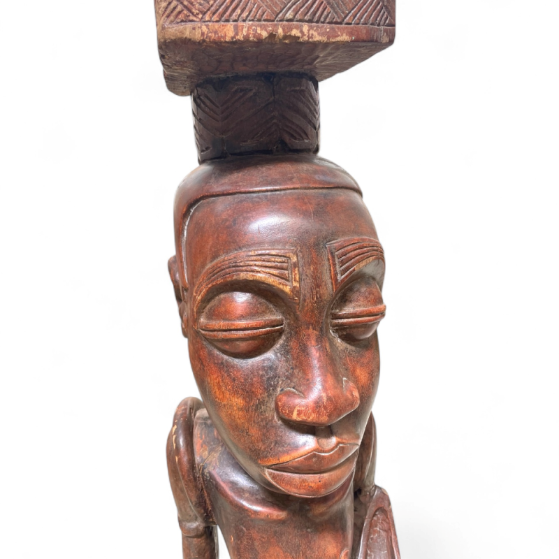 Hand-Carved African Headrest with Seated Female Figure