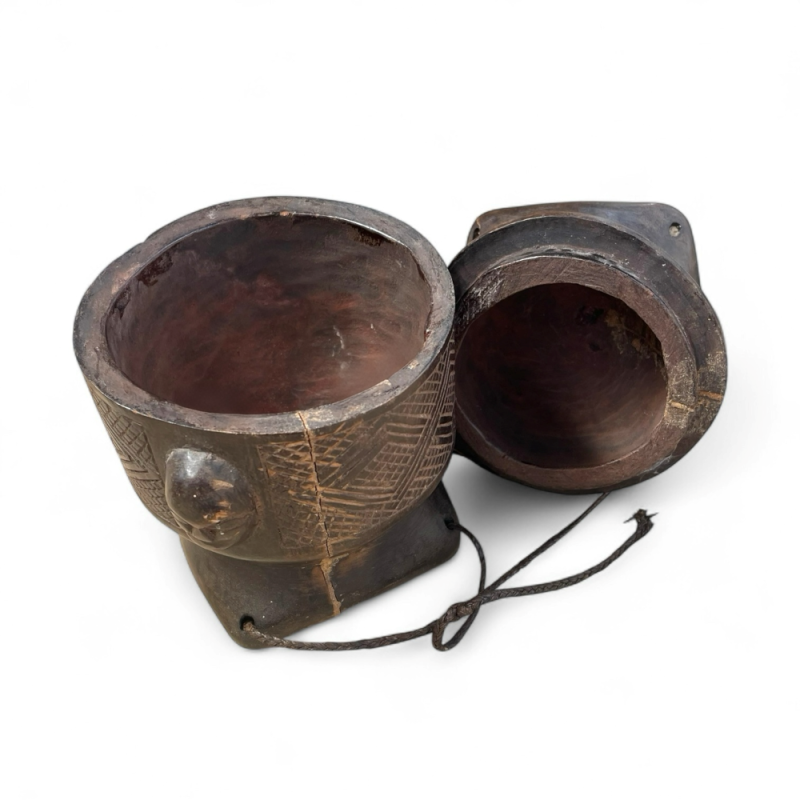 Carved African Lidded Container with Geometric and Facial Motifs