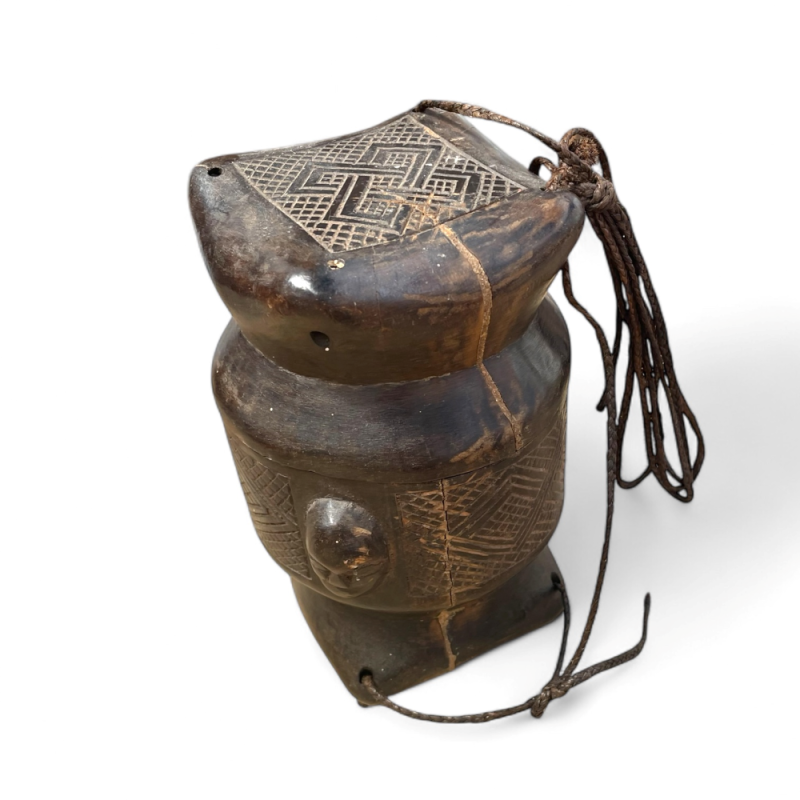 Carved African Lidded Container with Geometric and Facial Motifs