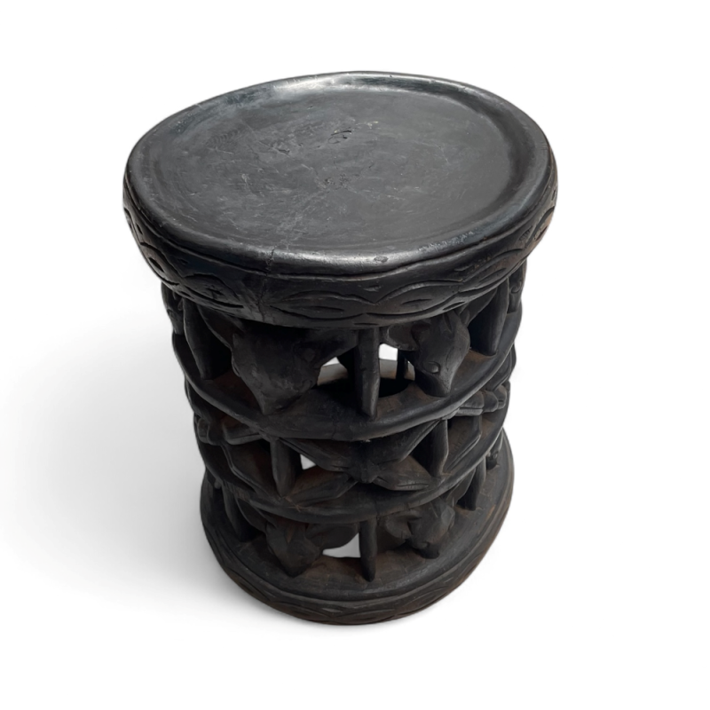 African Carved Stool with  Mouse Motifs