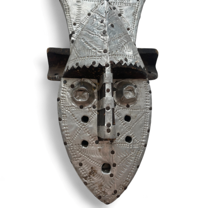 Silver Inlay African Mask with Horn Motif