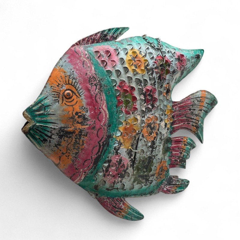 Hand-Painted Recycled Metal Fish Lantern