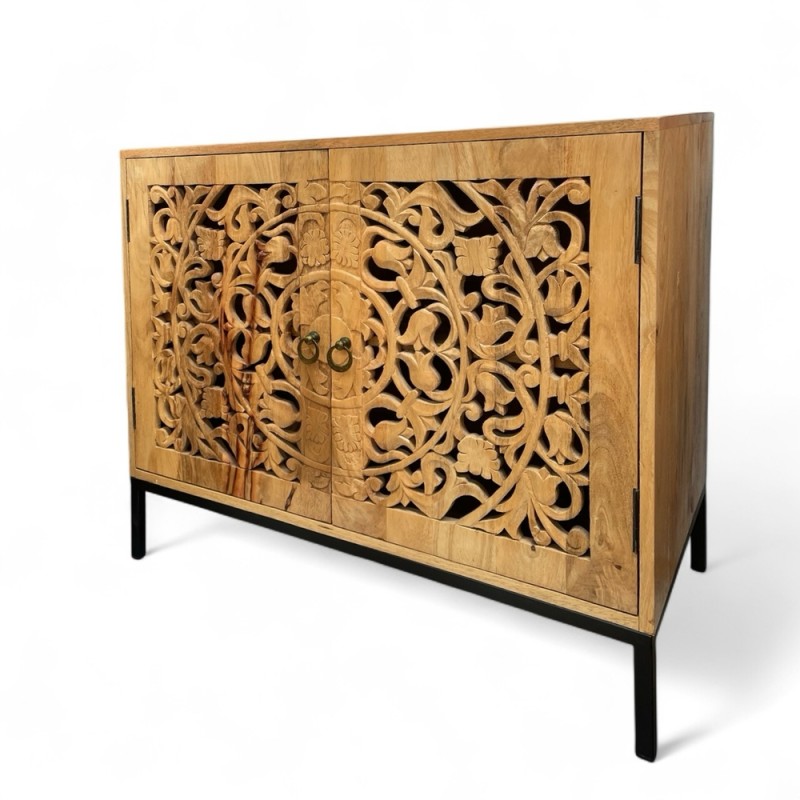 Carved Teak Sideboard with Flora Mandala Design 