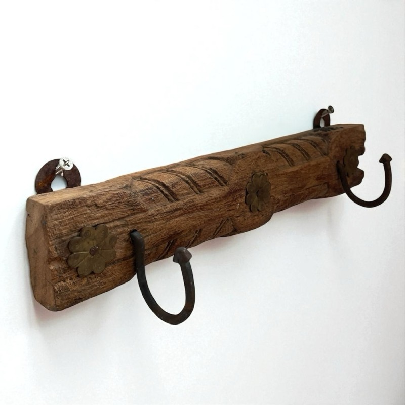 Hand-Carved Wooden Wall Hook with Brass Detail