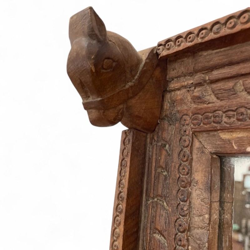 Hand-Carved Wooden Mirror with Animal Motif