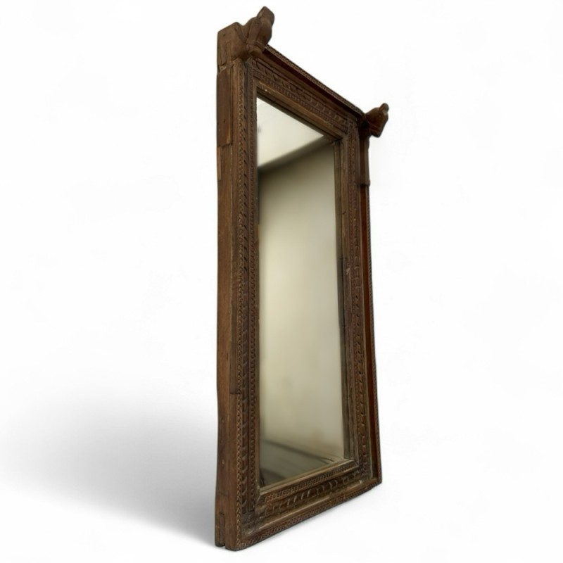 Hand-Carved Wooden Mirror with Animal Motif
