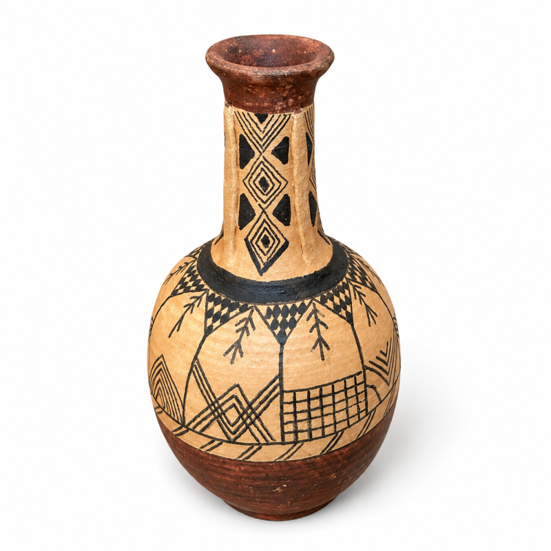 Hand-Painted Terracotta Jug with Tribal Motifs