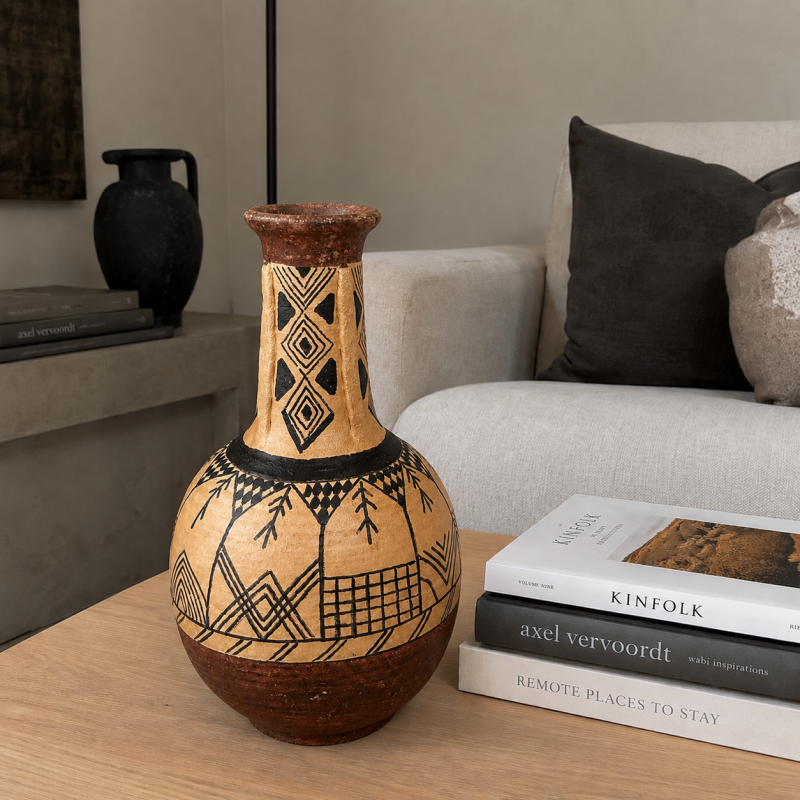 Hand-Painted Terracotta Jug with Tribal Motifs