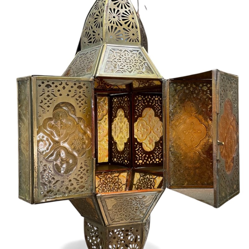 Brass Moroccan Lantern with Amber Glass