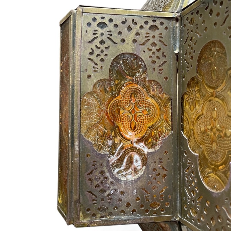Brass Moroccan Lantern with Amber Glass