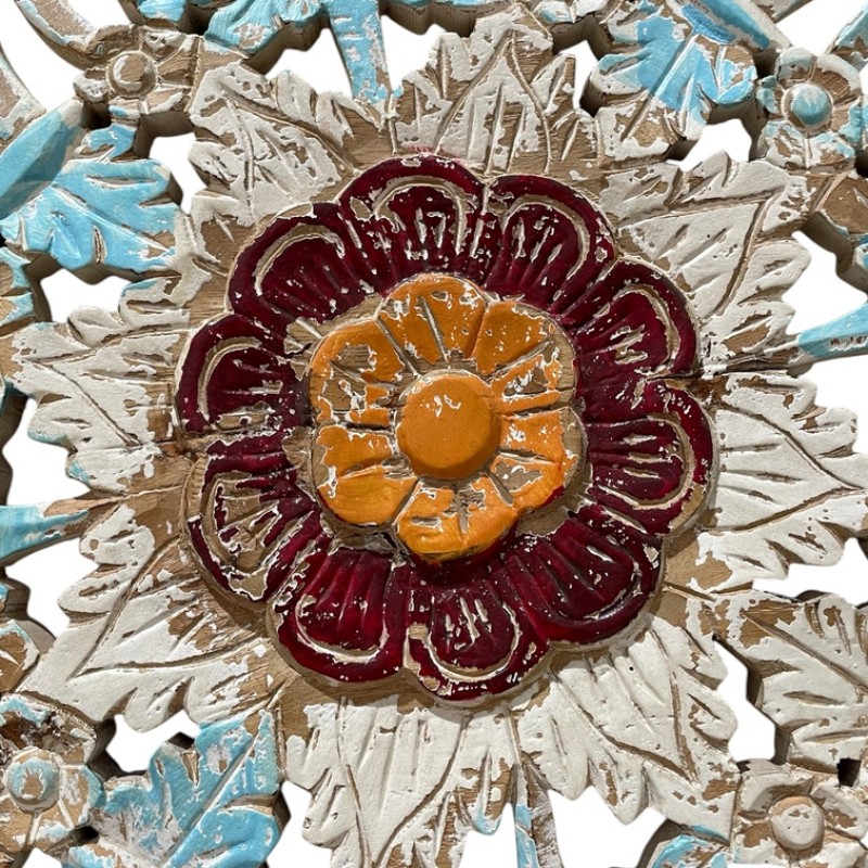 Round Carved Wall Panel with Floral Motif