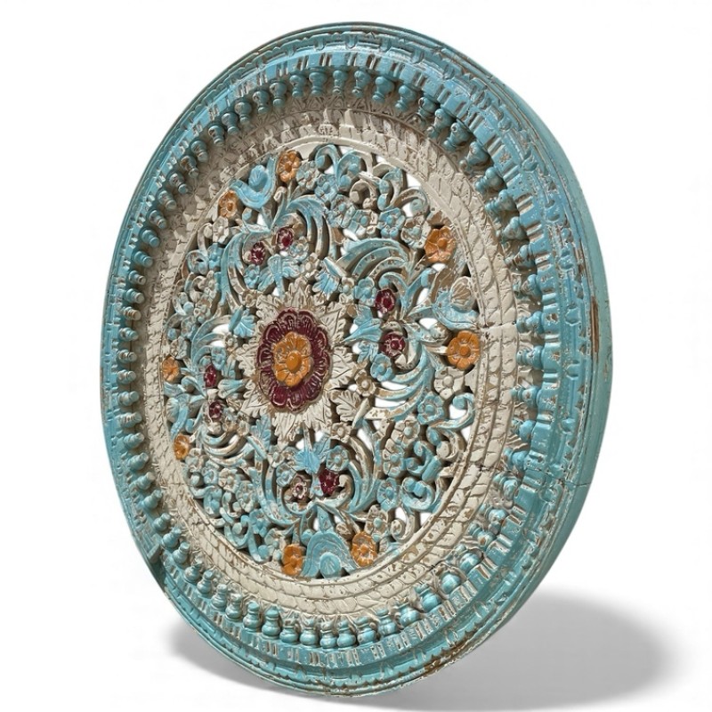 Round Carved Wall Panel with Floral Motif