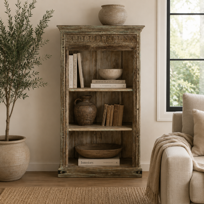Reclaimed Wood Carved Bookshelf