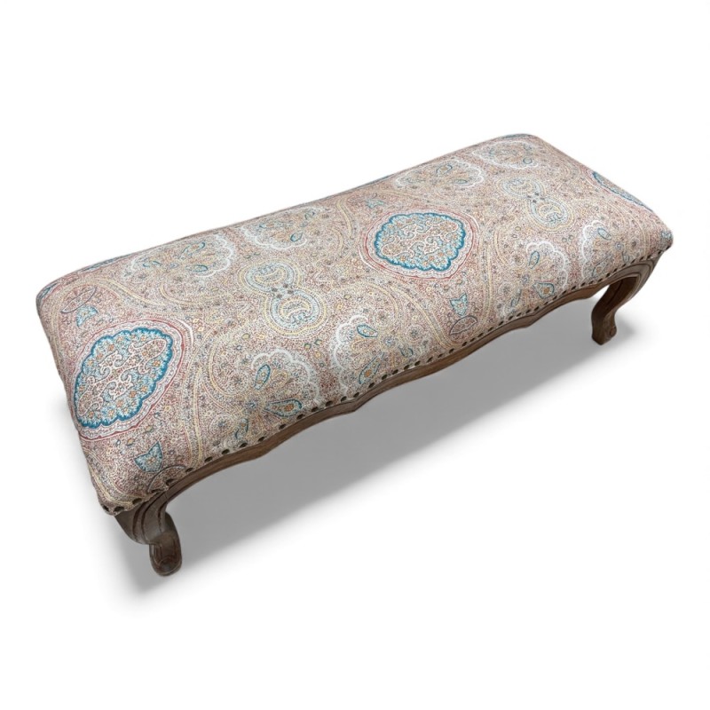 Vintage Carved Wood Bench with Paisley Upholstery