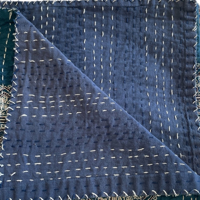 Handcrafted Indigo Kantha Bedspread