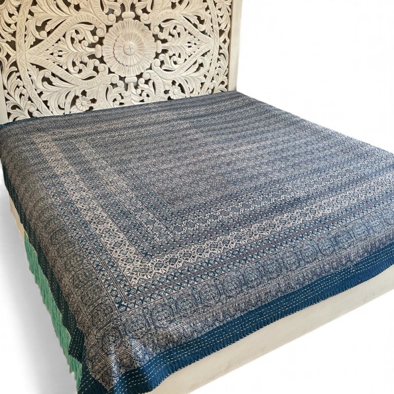 Handcrafted Indigo Kantha Bedspread