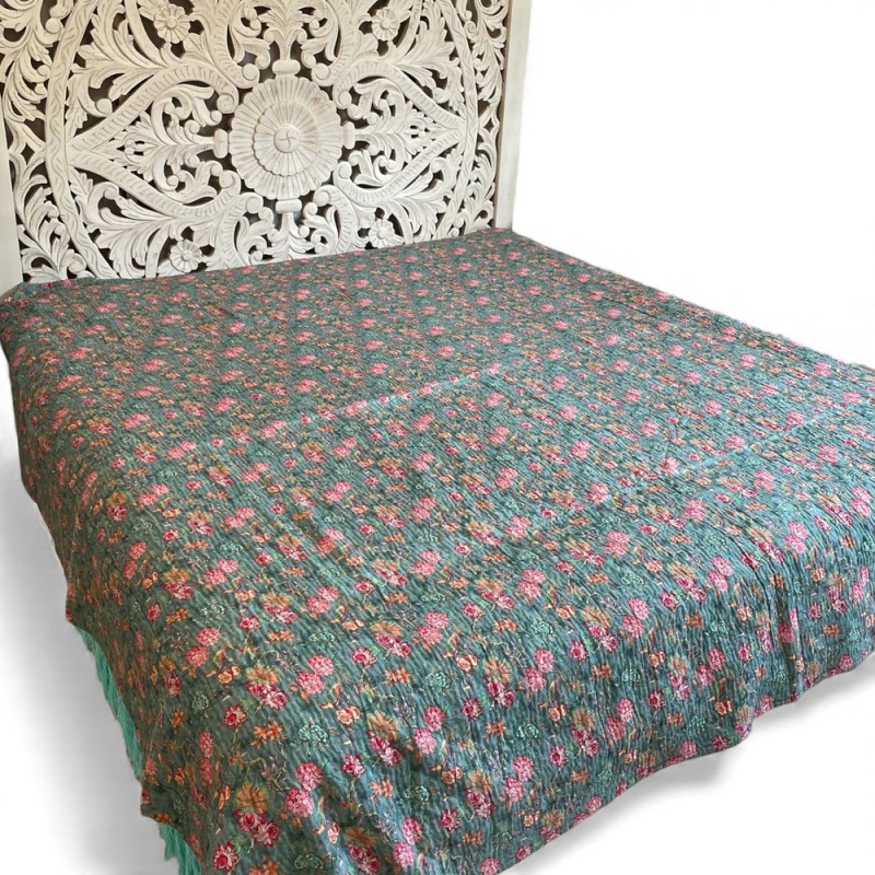 Floral Kantha Quilt – Teal & Pink