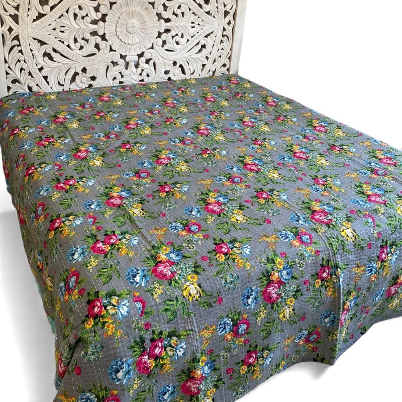 Floral Kantha Bedspread – Grey Multicolor