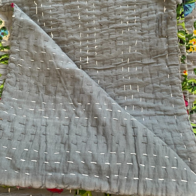 Floral Kantha Bedspread – Grey Multicolor