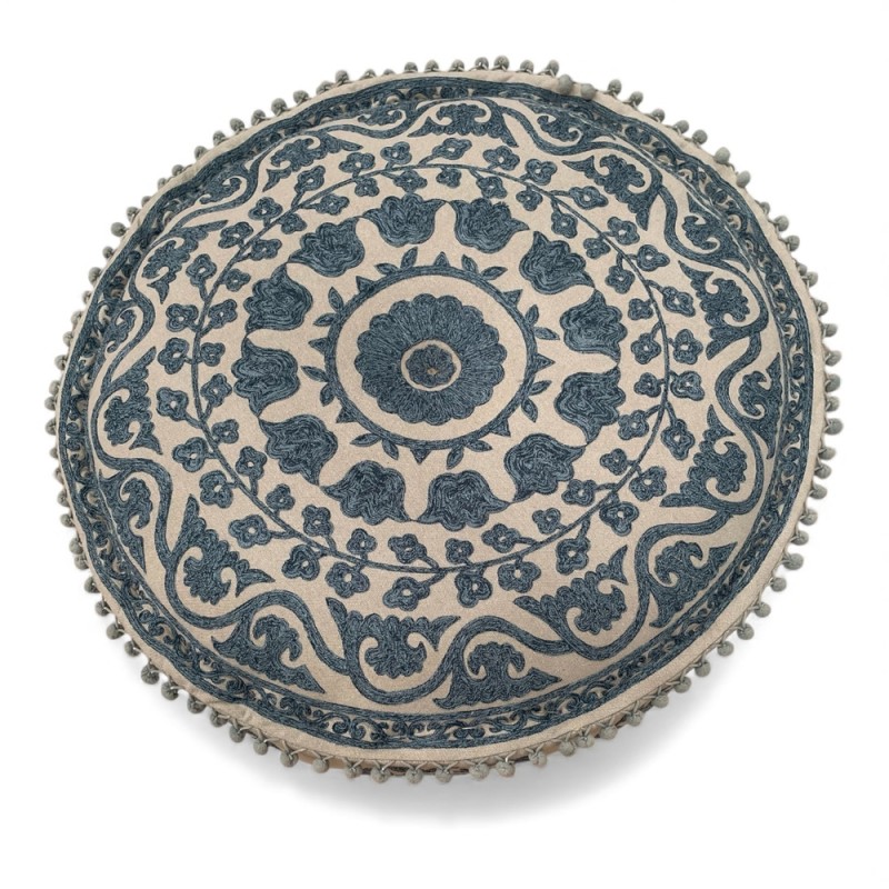 Blue Embroidered Round Pouf