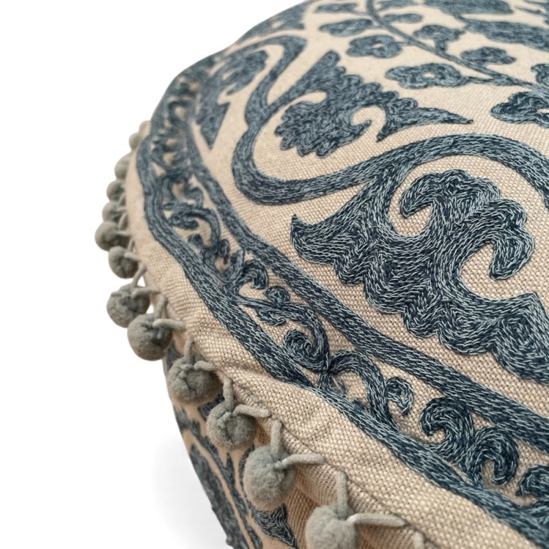 Blue Embroidered Round Pouf
