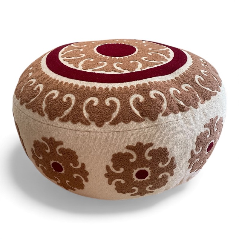 Beige & Red Embroidered Round Pouf