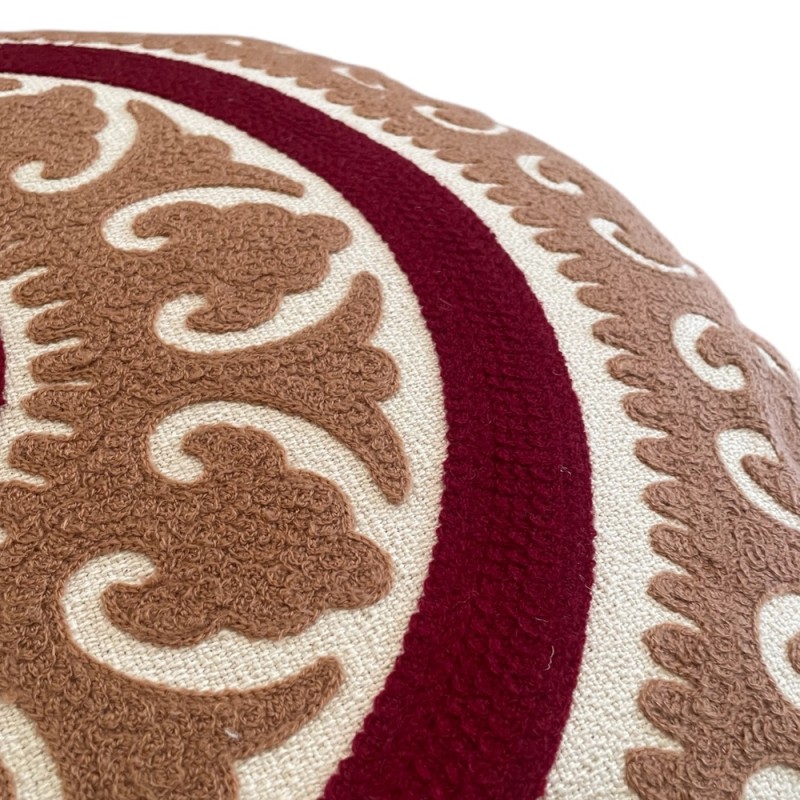 Beige & Red Embroidered Round Pouf