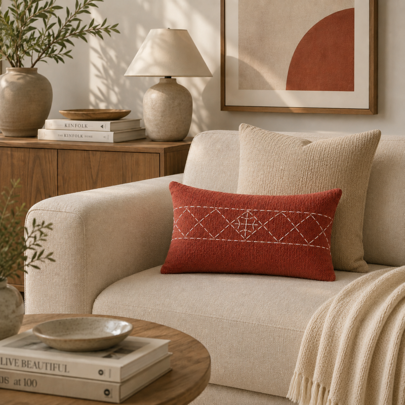 Hand-Embroidered Rust Pillow