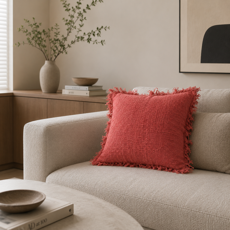 Rust Fringe Handwoven Cushion
