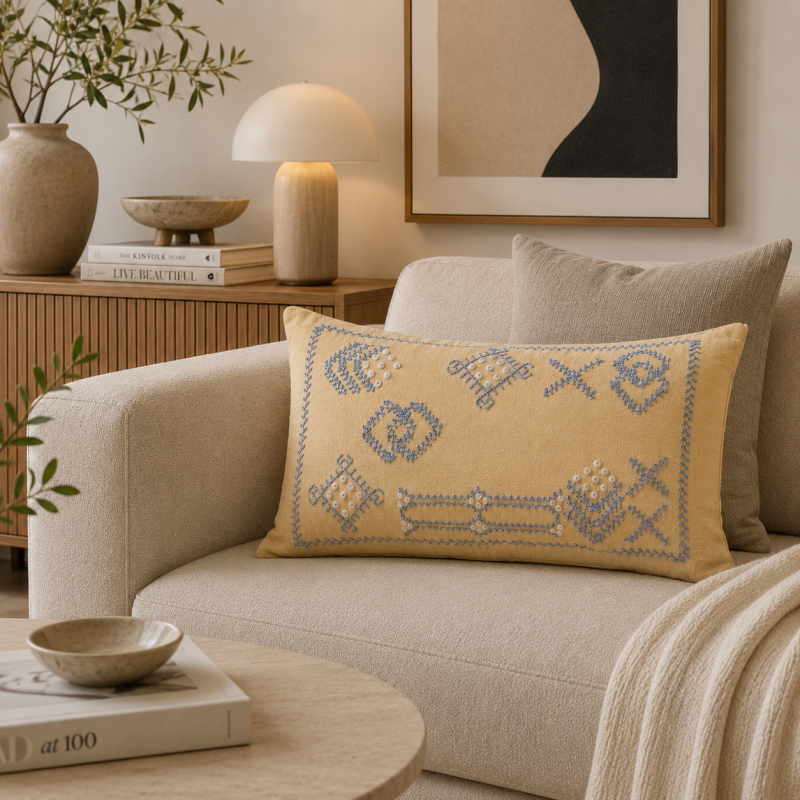 Yellow Embroidered Decorative Pillow