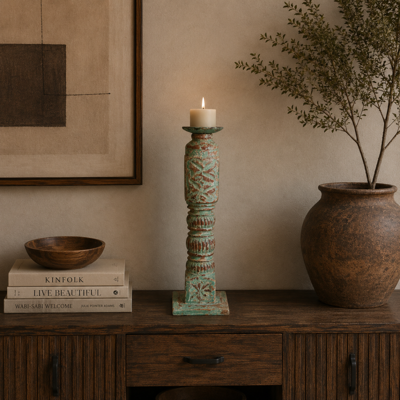 Distressed Carved Wooden Candle Stand