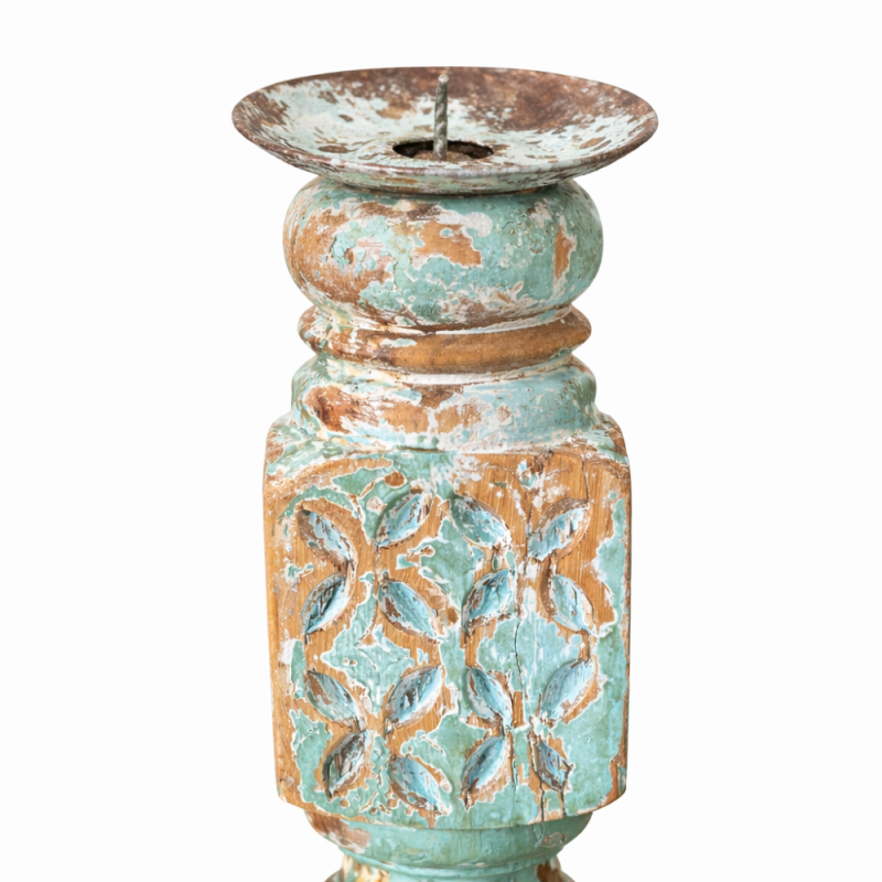  Distressed Carved Wooden Candle Stand