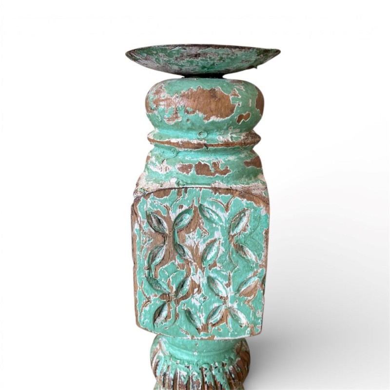  Distressed Carved Wooden Candle Stand