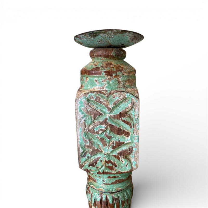 Distressed Carved Wooden Candle Stand